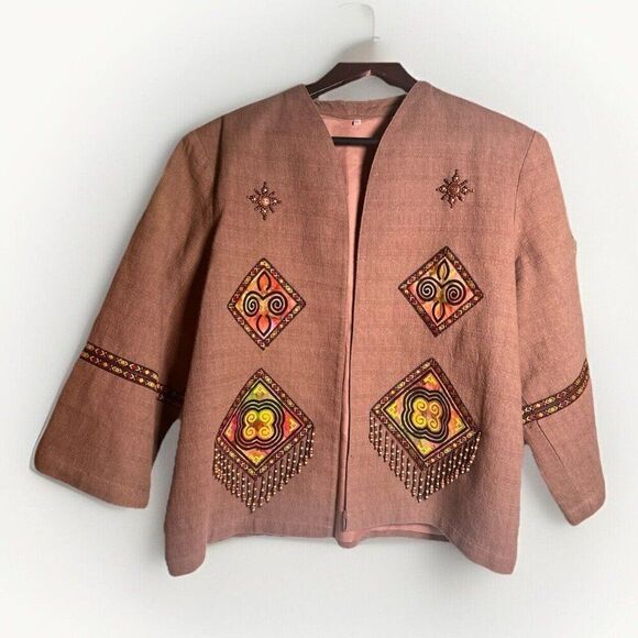Ethnic Boho Embroidered Blazer Jacket Art To Wear Beaded Open Southwestern M - Picture 1 of 6